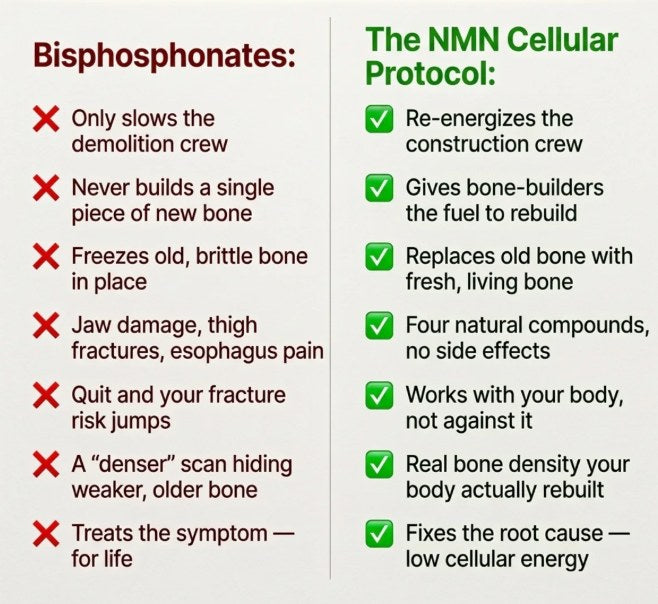 Bisphosphonates only slow the demolition crew and freeze old brittle bone; the NMN cellular protocol re-energizes the construction crew to rebuild real bone.