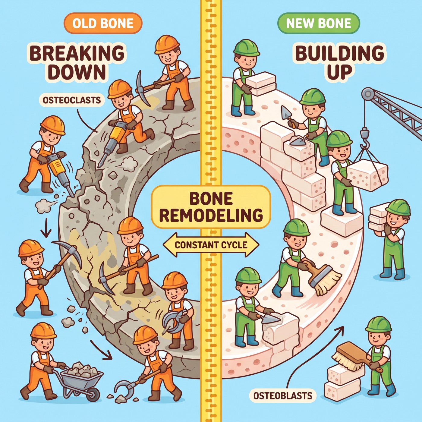 Osteoclasts, the demolition crew, tear down old bone; osteoblasts, the construction crew, build new bone.