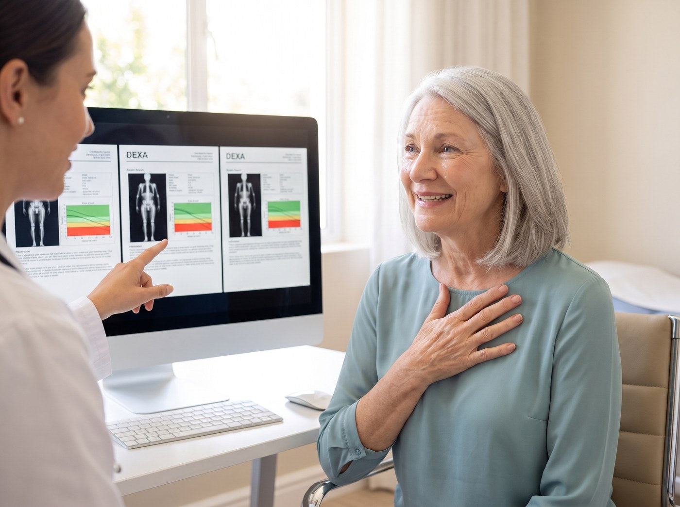 Deborah's doctor showing all three DEXA scans side by side; Deborah is emotional and relieved.