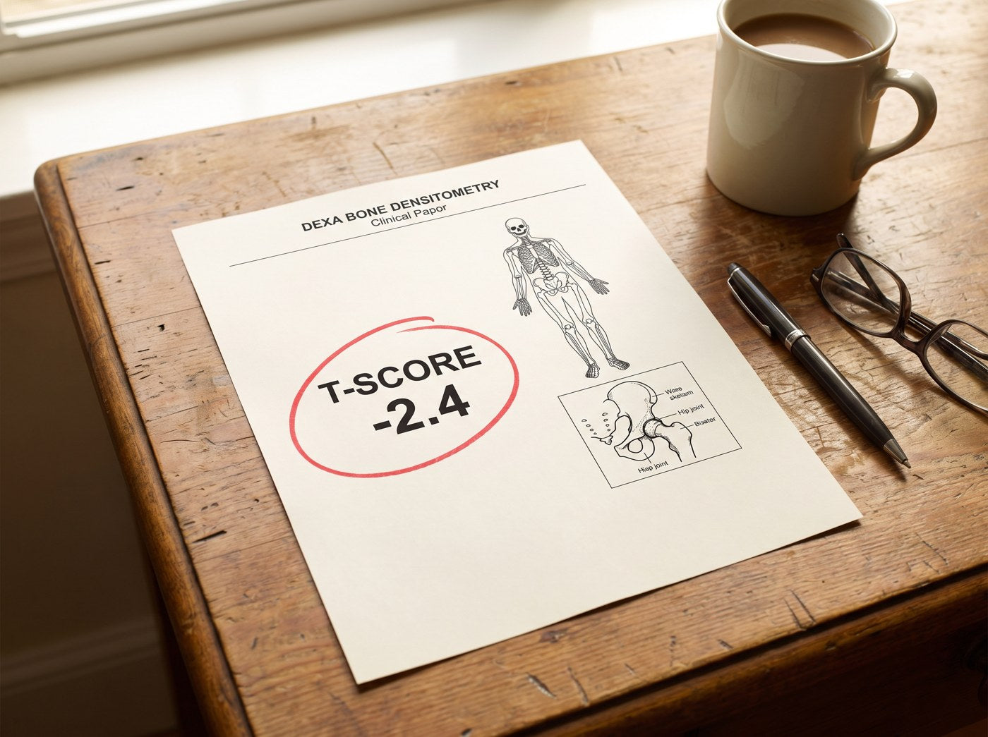 A DEXA bone mineral density report showing a T-score of -2.4.