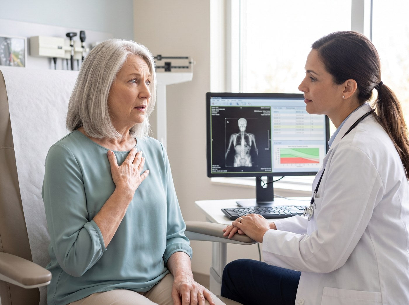 Deborah, stunned, as her doctor points at a DEXA bone-density scan on the monitor.