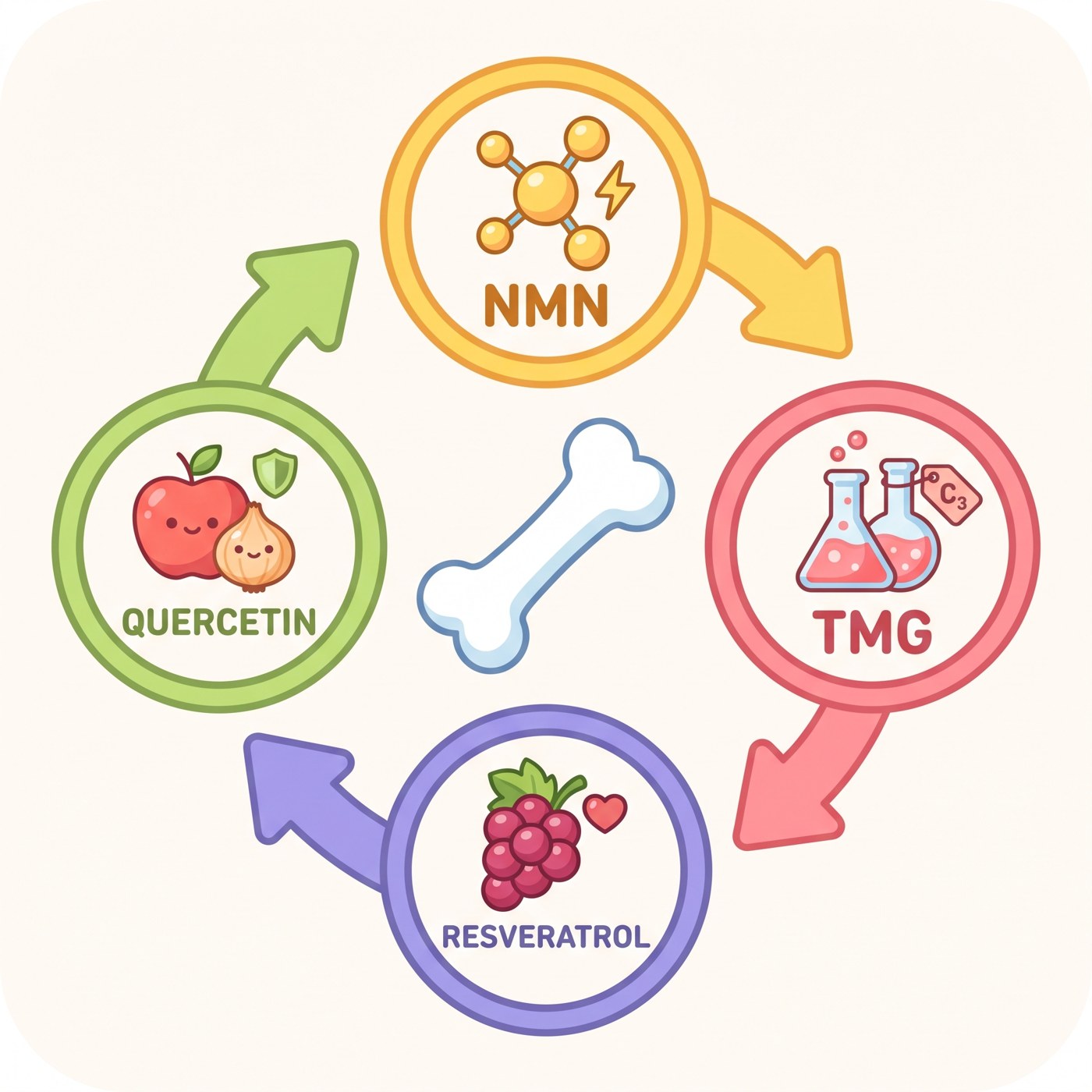The 4-in-1 bone-rebuilding system: NMN, trans-resveratrol, TMG and quercetin.