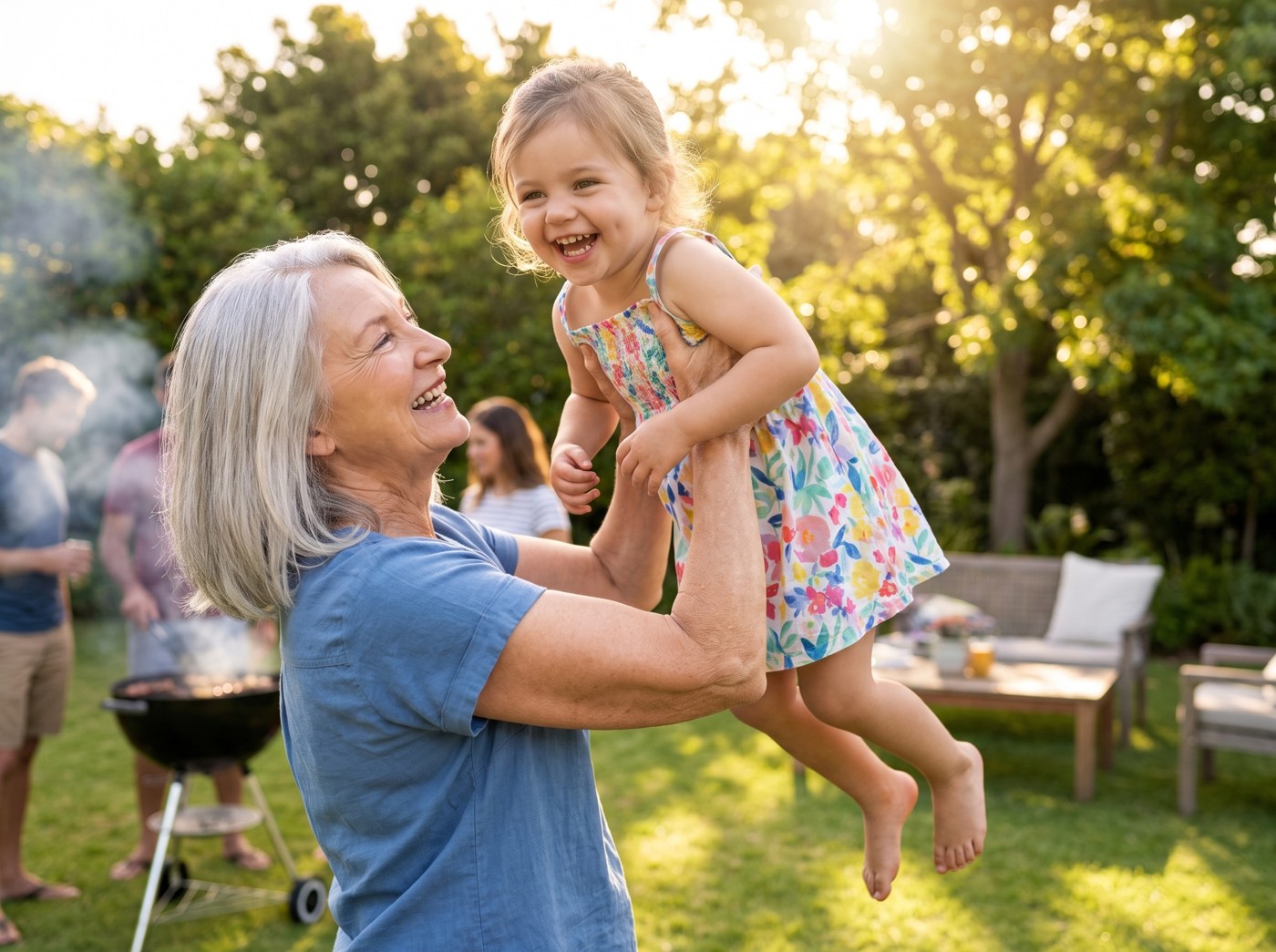 Deborah lifting her three-year-old granddaughter at a family barbecue, without fear.