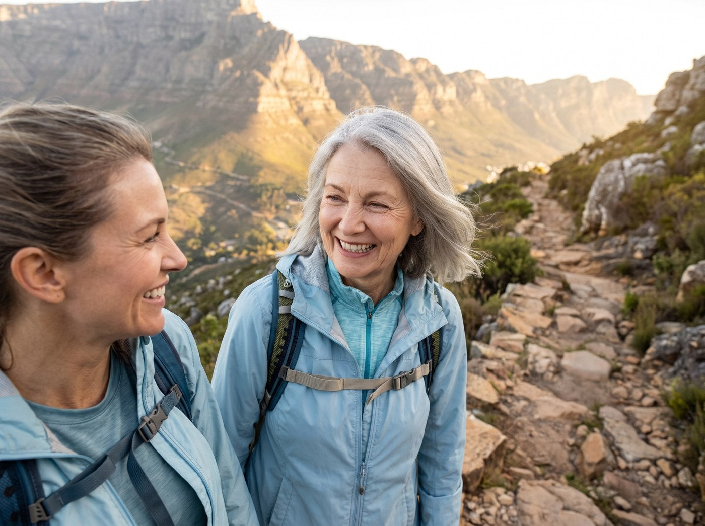 Deborah hiking a real mountain trail with her daughter.