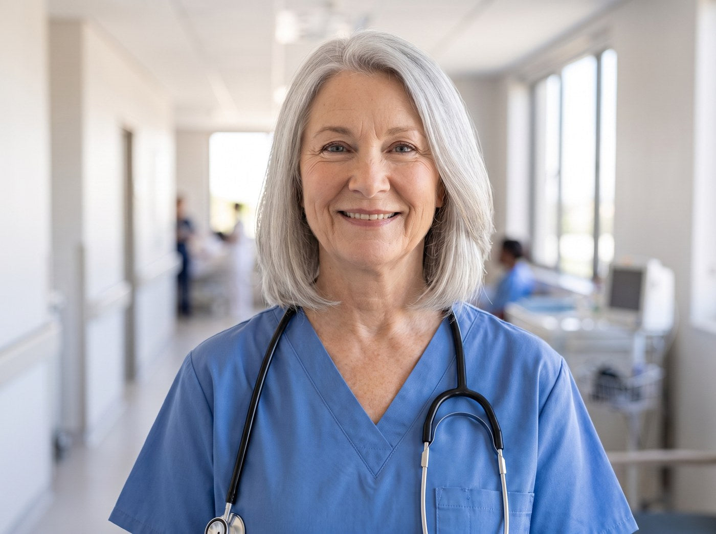 Deborah Reed, RN, a 64-year-old registered nurse, in her scrubs at the hospital.