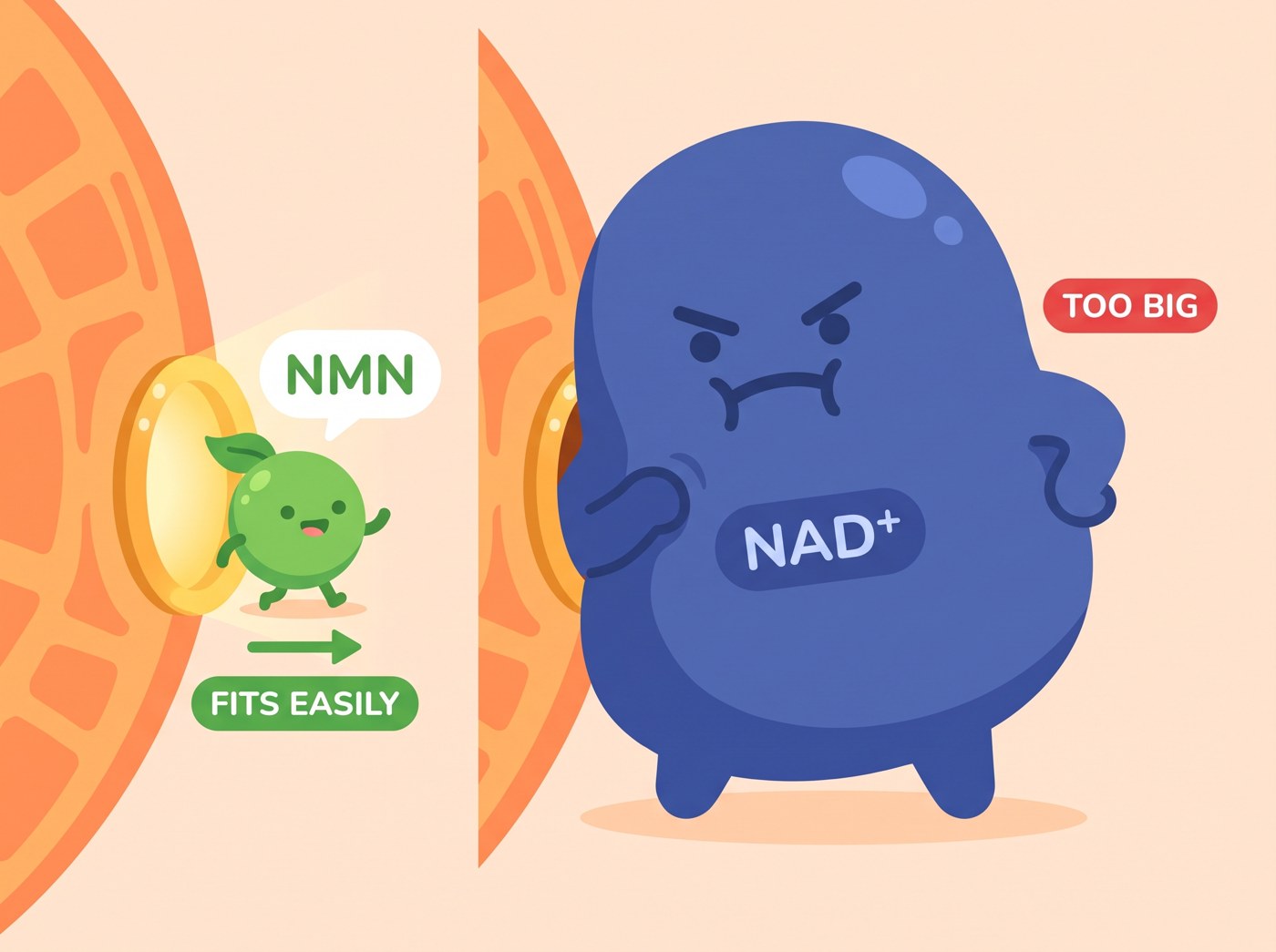 NMN is the smaller molecule that fits through the cell gate and becomes NAD+ inside your bone cells.