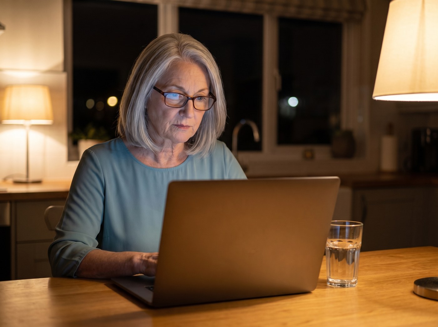 Deborah at her kitchen table late at night, reading research papers on her laptop.