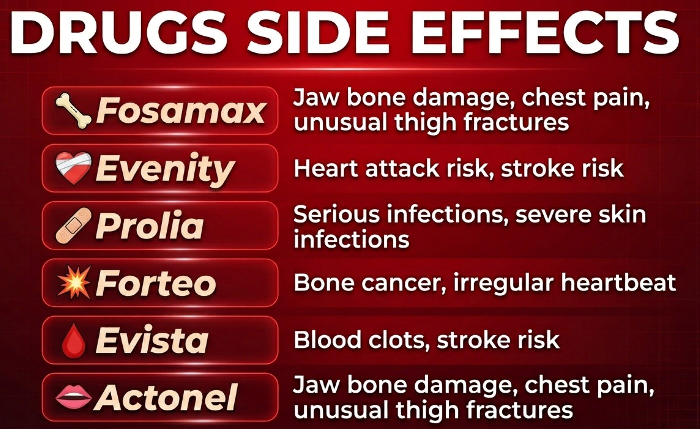 Documented side effects of the common bone drugs — Fosamax, Evenity, Prolia, Forteo, Evista, Actonel.